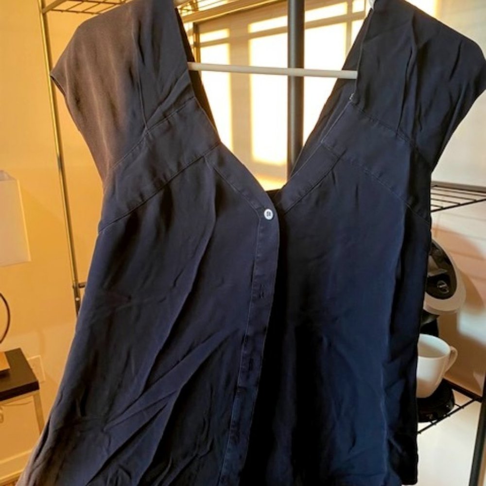 Navy Blue Theory Cap Sleeve Flounce Blouse
